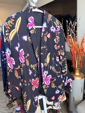 Express Black Floral Open-Front Blazer with Pink & Purple Flowers